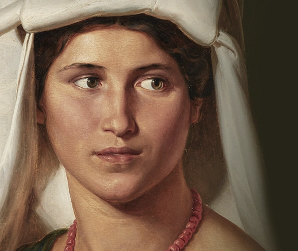 Gemaltes Porträt einer Frau mit weißer Kopfbedeckung und roter Halskette. Ihr Blick ist seitlich nach rechts gerichtet. 